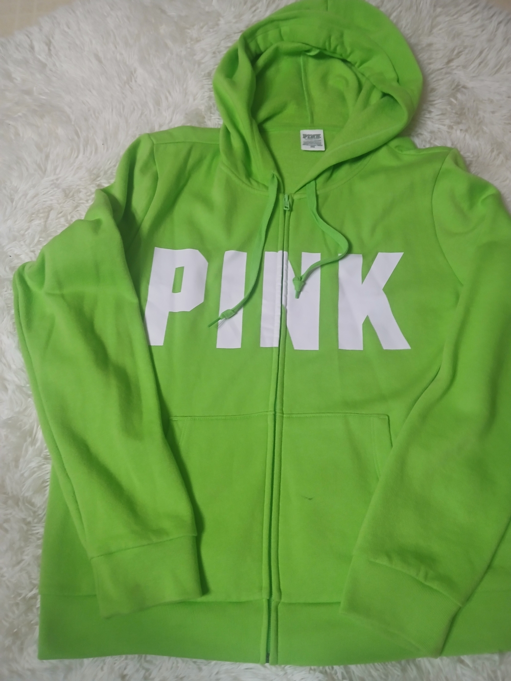 PINK Victoria's Secret Neon Green Full-Zip Hoodie, Blue oodie, And Forest Green.